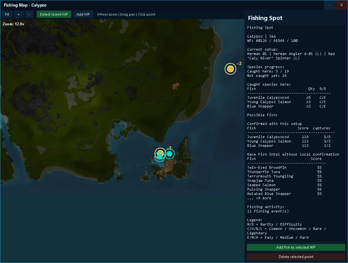 Fishing Map with coastal fishing spots and recorded species