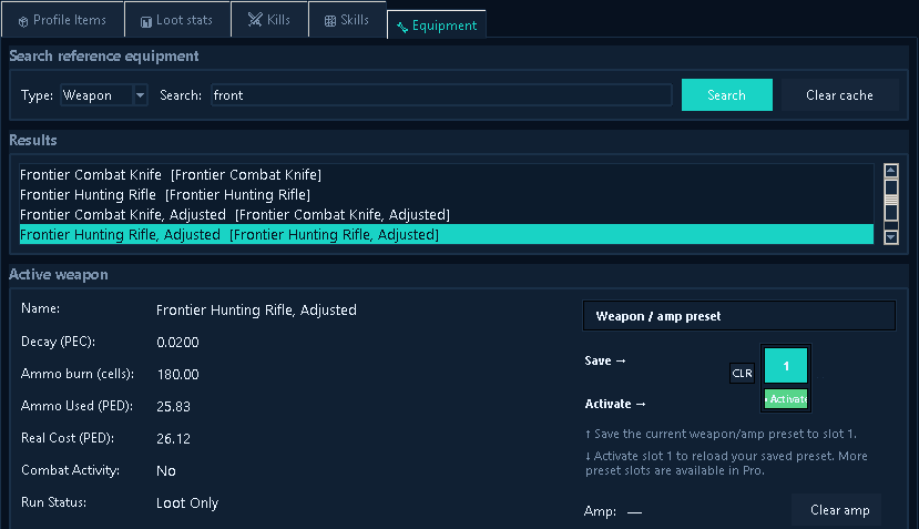 Free equipment search, active weapon, preset 1 and an empty Amp field.