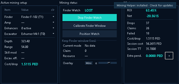 Finder F-102, Exhumer Mk1 and no amp. Cost 56.2615 PED · TT 35.7000 PED · Net −20.5615 PED · ROI 63.45%. Finder Watch shows LOST in this capture.