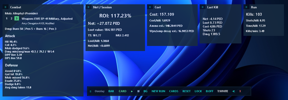 Advanced Overlay CARD showing combat, defense, costs, ROI, Net, Last Kill and run metrics.